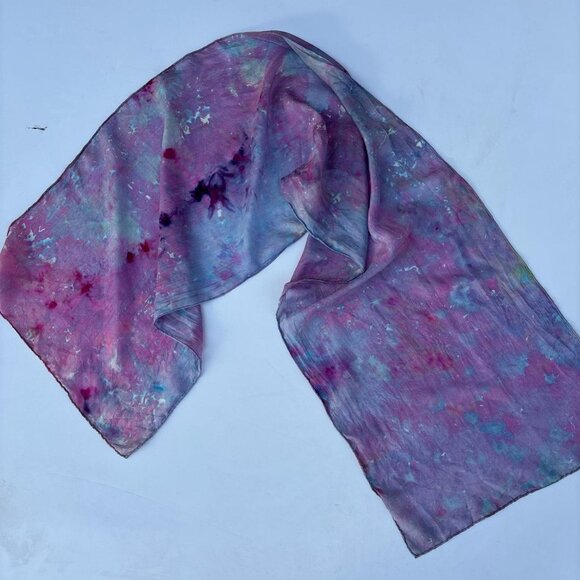 Hand Dyed Silk Scarf Purple Womens Small Batch Ice Dye Boho - Picture 3 of 8